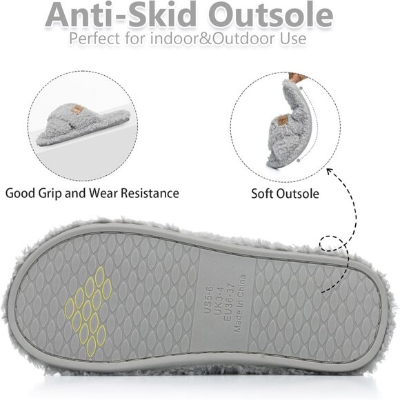 ⚡Women’s Light Grey Faux Fur Cozy Fuzzy Cross Band Slippers House Shoes - Picture 5 of 6